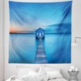 thumbnail image 1 of Nature Tapestry, Sunrise over Water Lakehouse Cabin Boardwalk Sun Rays Clouds Horizon Nature, Fabric Wall Hanging Decor for Bedroom Living Room Dorm, 5 Sizes, Blue Orange Grey, by Ambesonne, 1 of 1