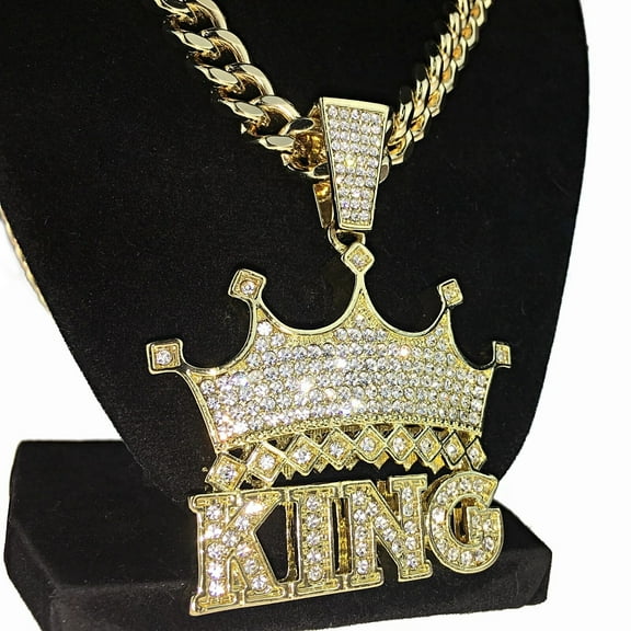 Crown King Hip Hop Iced Pendant Chain Blinged Out Gold Finish Heavy Necklace Cuban Link 30"