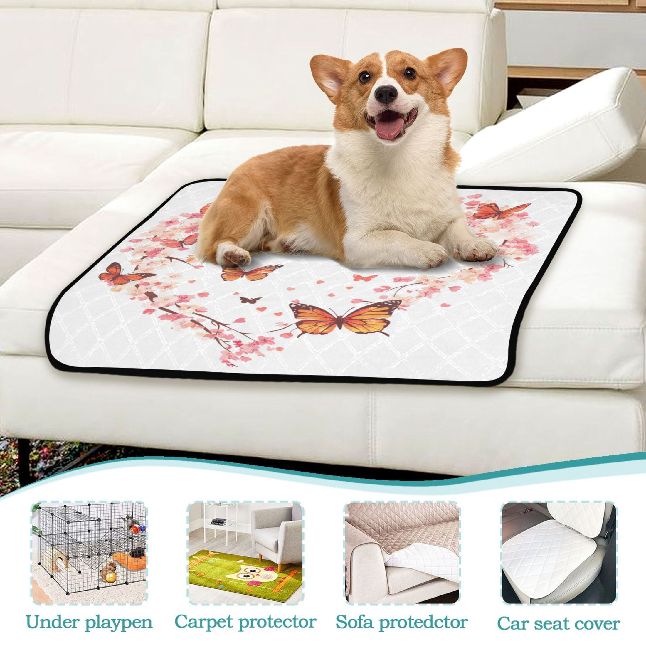Qxltty Orange Butterfly Pink Floral Cat litter Pads Pet Set of 3 Diaper Mats Center Anti-leakage Layer Absorbent Soft and Comfortable