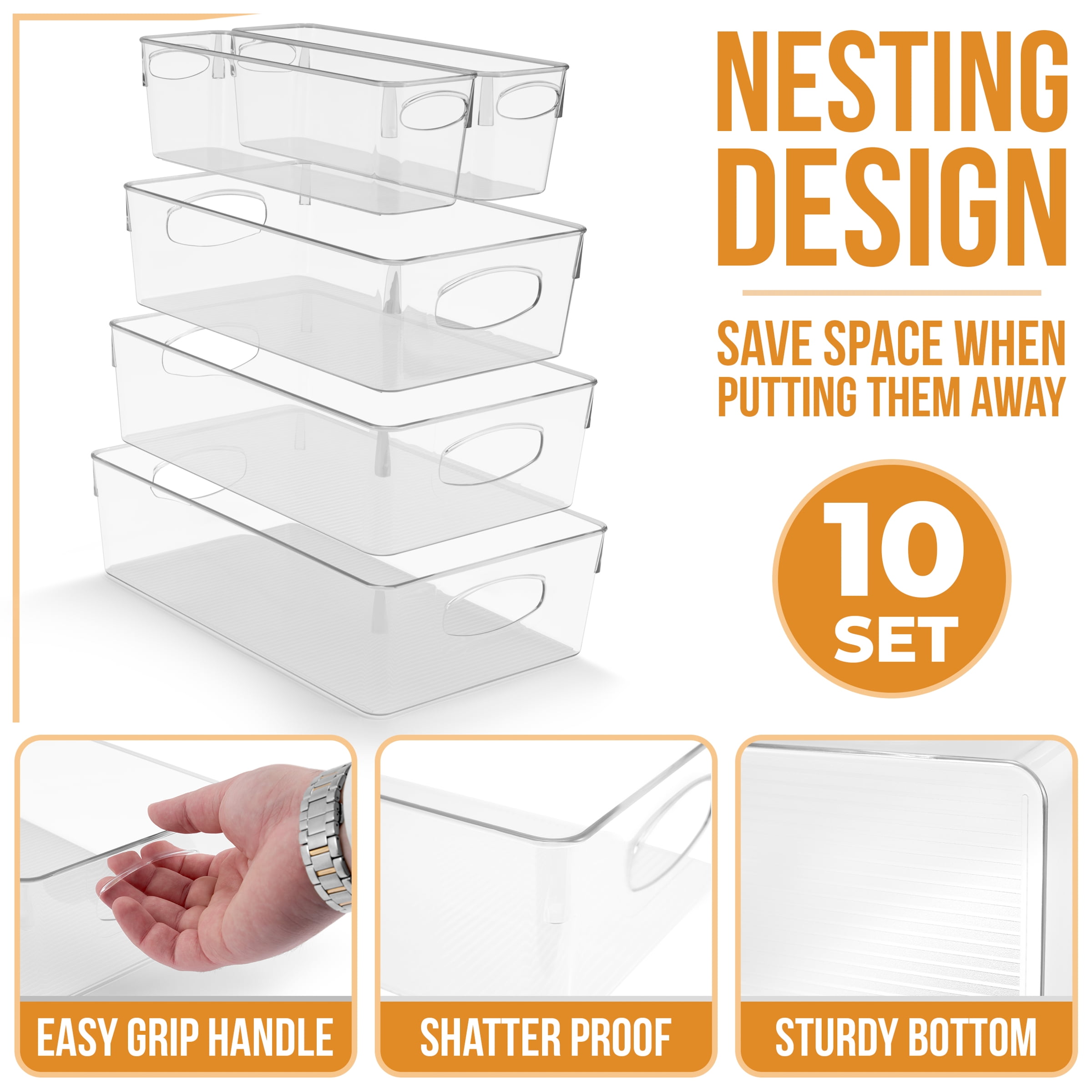 Sorbus 10 Pack Clear Plastic Storage Bins, Clear Organizer Bins with Handle for Kitchen, Pantry, Cabinet, Refrigerator, Craft, Toys, Clothes, Closet, Under Sink, Bathroom Organizers and Storage