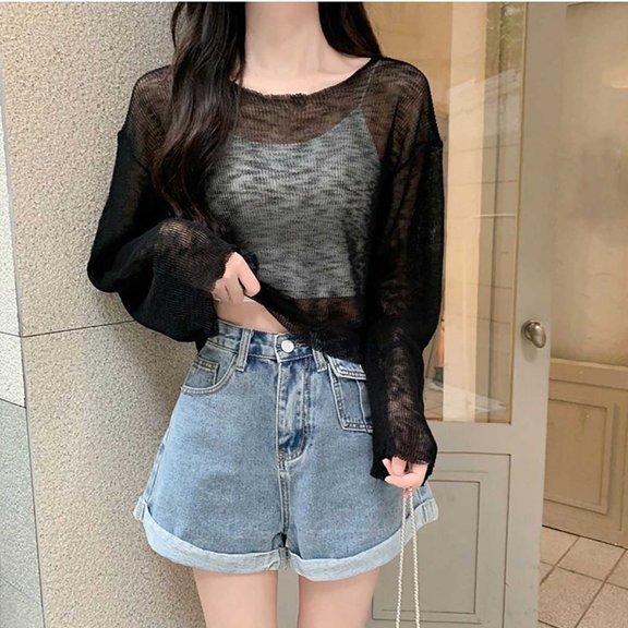 UVEASISHA Summer Beach Cover Ups for Women Long Sleeve Side Split Sheer Tshirts Lightweight Comfy Sun Protection Outfits A-Black Free Size