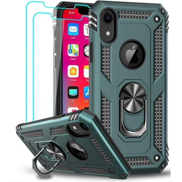 FYBTO Compatible for iPhone XR Case with [2PCS] Tempered Glass Screen Protector for Women Men Teens, [Military-Grade] Protective Phone Case with Ring Kickstand for FYBTO iPhone XR 10 10 XR, Green