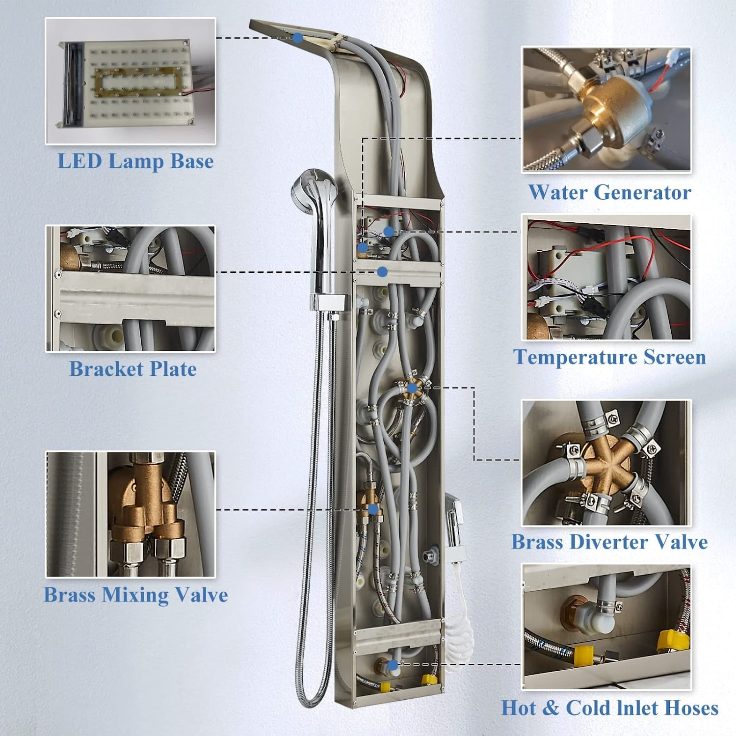 Zovajonia Led Shower Panel Tower System,50 Inch Multi-Function Shower Tower ，Waterfall Showerhead，Shower jets，Brushed Nickel Rain Shower System