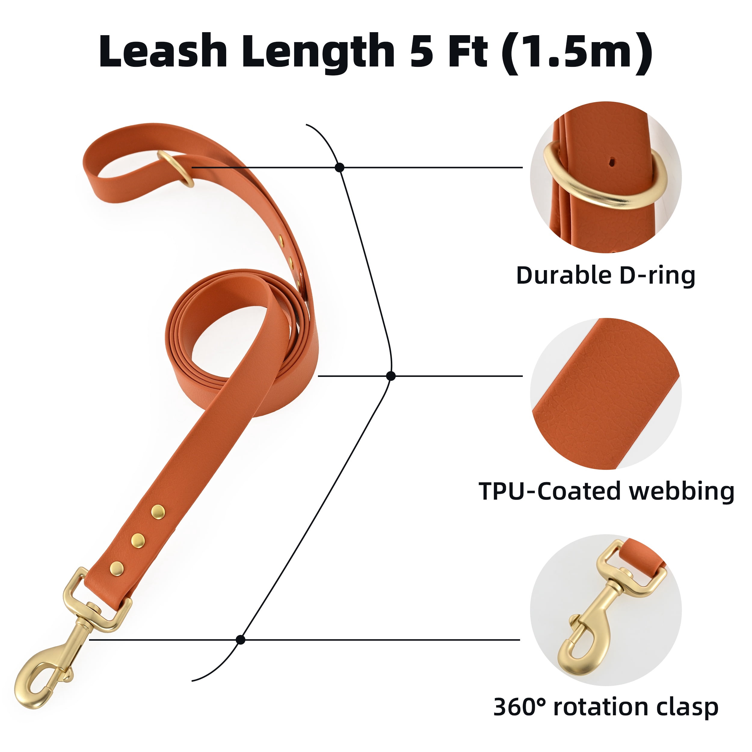 Max & Marlow Waterproof TPU Coated Dog Collar and 5 ft Leash Set, Orange, Small