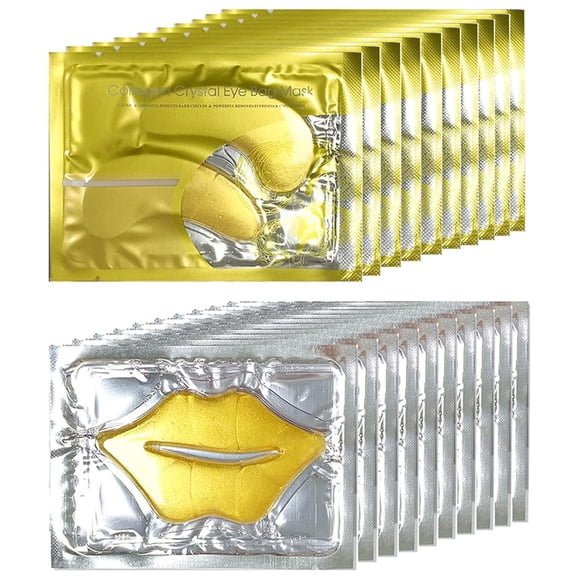 KlsyChry Juego de mascarillas para ojos y labios de colágeno de cristal de gel de oro de 24 quilates, 10 pares de mascarillas para ojos doradas y 10 mascarillas para labios doradas para humectación, a