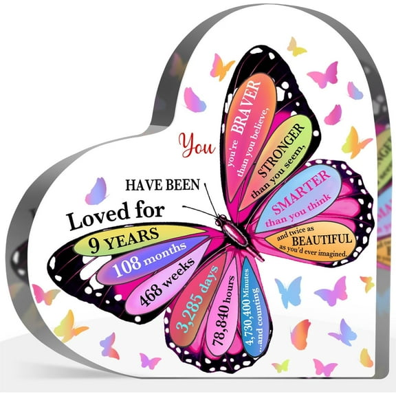 9 Year Old Girl Gift for Birthdays, 9th Birthday Acrylic Sign, Inspirational Butterfly Keepsake Sign for Girls Boys, Happy 9 Gift for Birthdays Idea for Daughter Girls, Table Desk for Home 4x4 inch