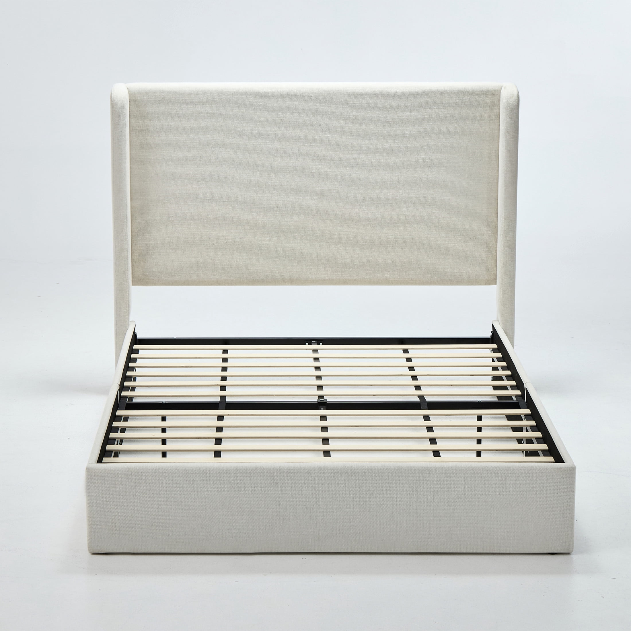 Noble House Carmen Full Wingback Platform Bed, High Headboard, Canvas Chenille Upholstered, Ivory