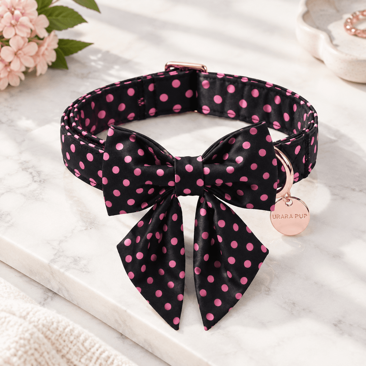 Black Pink Polka Dog Collar With Bowtie Spring Summer Adjustableton Puppy Charm And Metal Buckle Collars For Small Medium Dogs