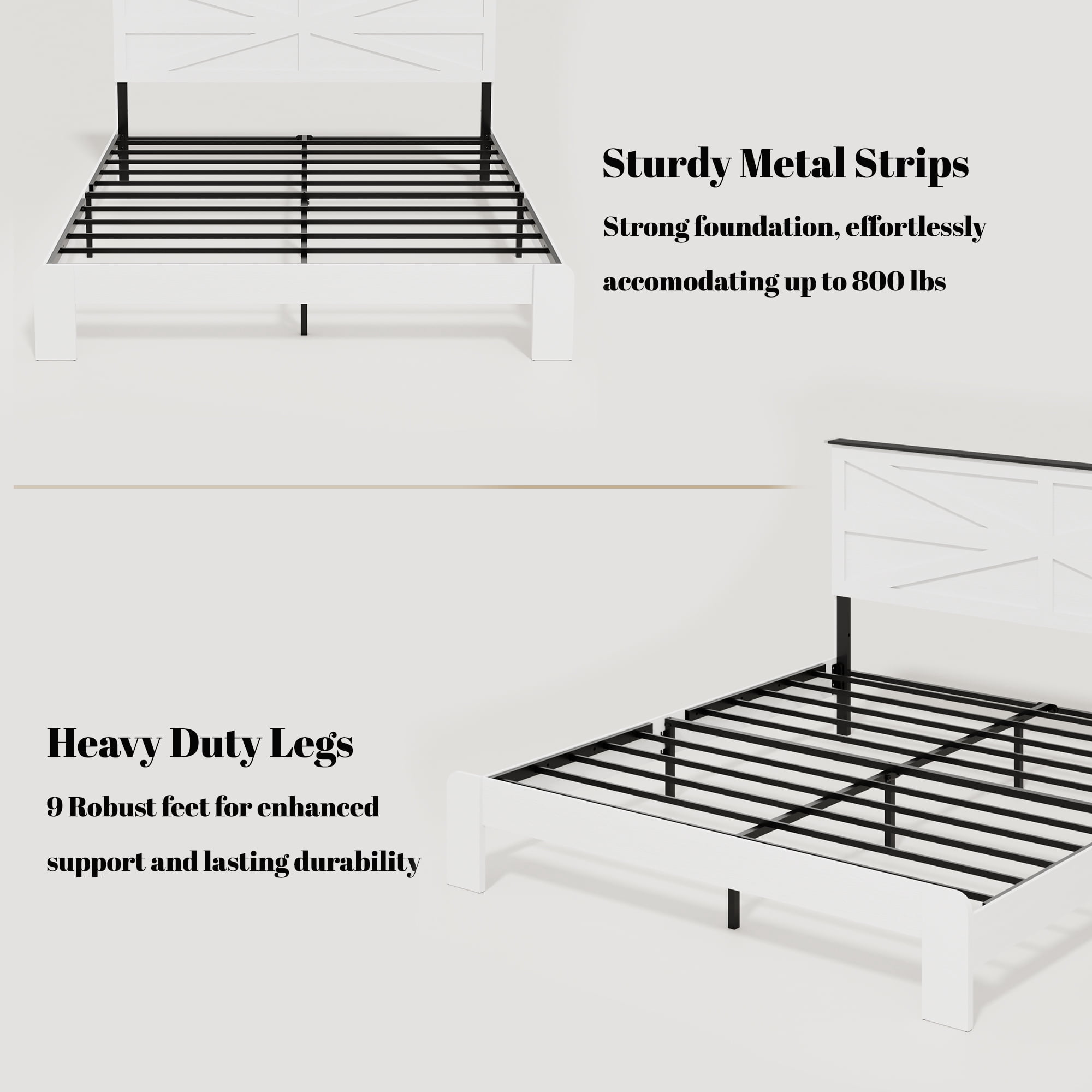 King Size Farmhouse Wooden Bed Frame with Headboard, Boho Platform Bedframe Sturdy Metal Slats Support, No Spring Mattress, Noisy Free, Easy Assembly (King, White)