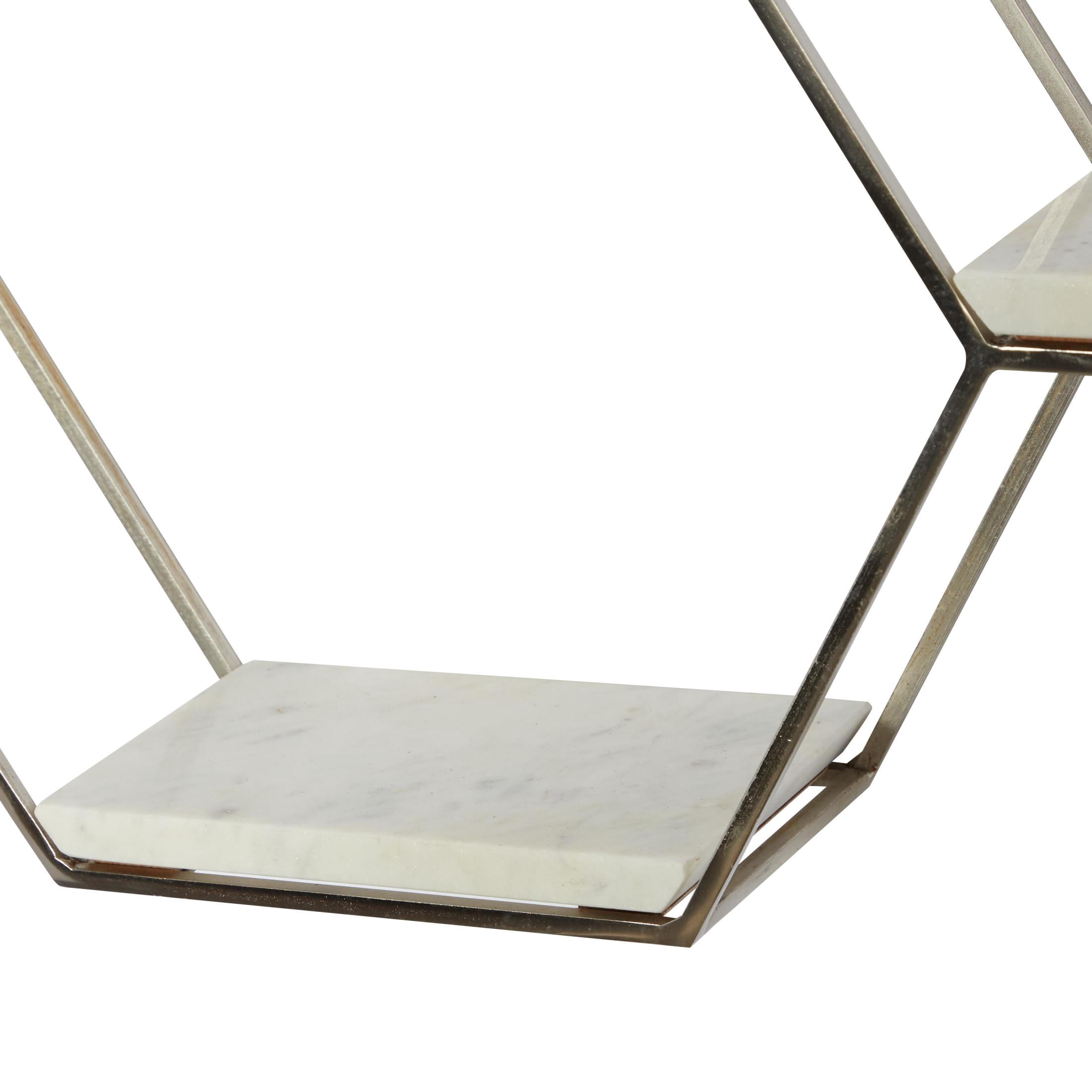 DecMode 26" x 5" Hexagon 3-Tier Silver Geometric Wall Shelf with 3 Marble Shelves