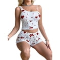thumbnail image 3 of Women Pajamas Heart Print PJ Set Crop Tops and Shorts Set 2 Piece Lounge Sets Red XL, 3 of 7