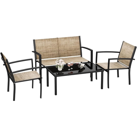 Rankok 4 Pieces Patio Furniture Set Modern Patio Conversation Sets Textilene Outdoor Furniture Patio Chairs Set of 4 with Loveseat Coffee Table for Porch Lawn Pool and Balcony (Beige)