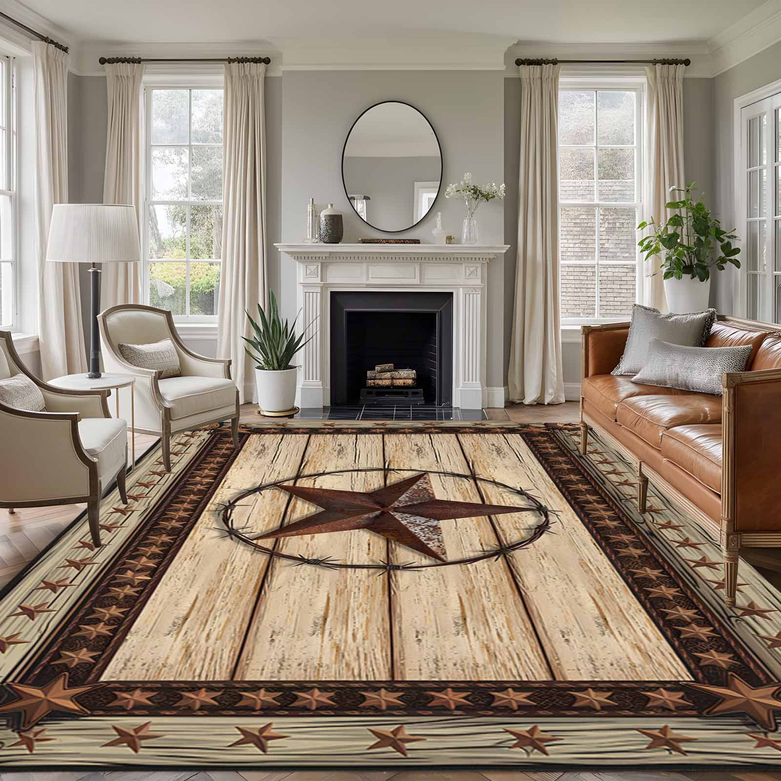 Texas Star Brown Area Rugs 5x7 for Living Room, Country Star Rustic Vintage Wooden Non Slip Washable Rug Runner, Low Pile Indoor Floor Carpet Mat Bathroom Rugs for Bedroom, Kids Room