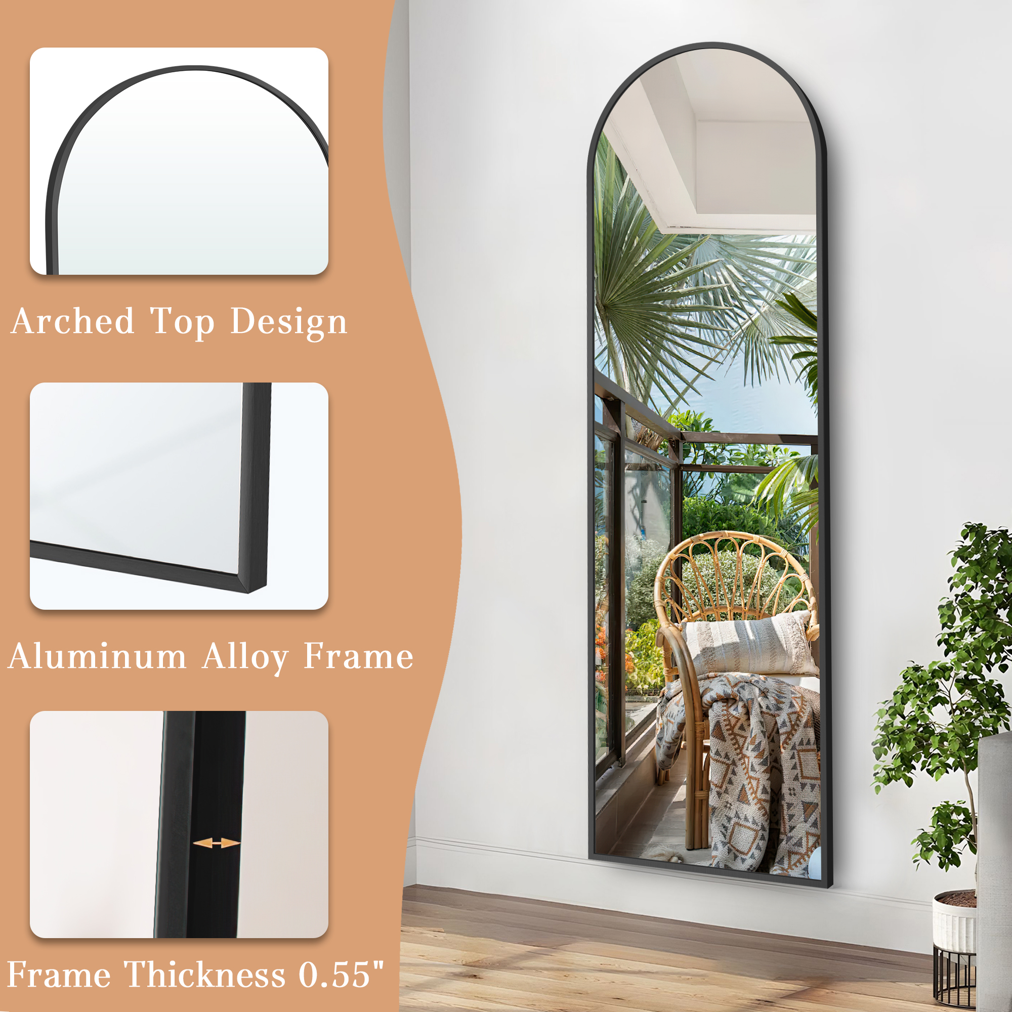 MAYEERTY Freestanding Full Length Mirror with Stand, Aluminum Alloy Arched Floor Mirror Wall Mounted for Bedroom Living Room, 58x18in, Black