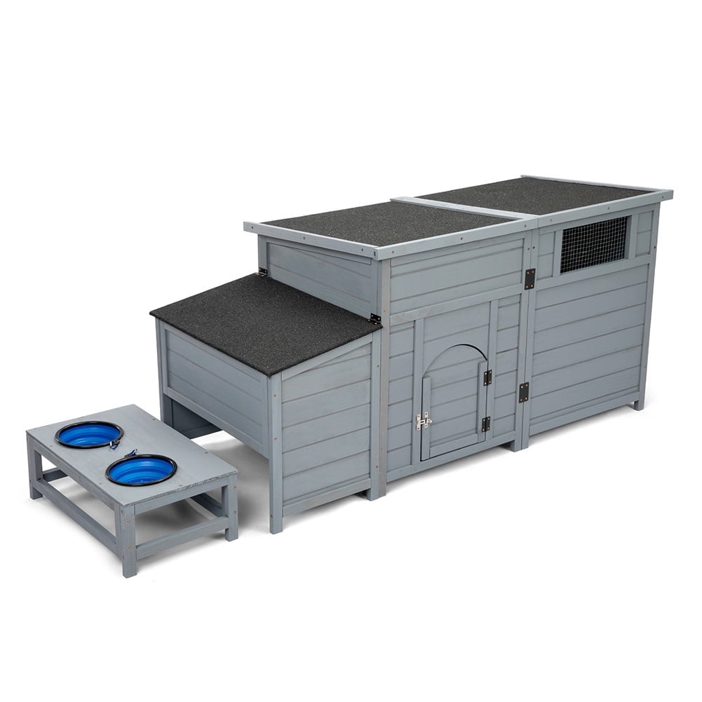 Gray Wooden Dog House Outdoor - Weatherproof Dog Kennel with Porch & Openable Roof, Removable Bottom, Elevated Floor - for Small to Medium Breeds (45.28"L x 25.2"W)