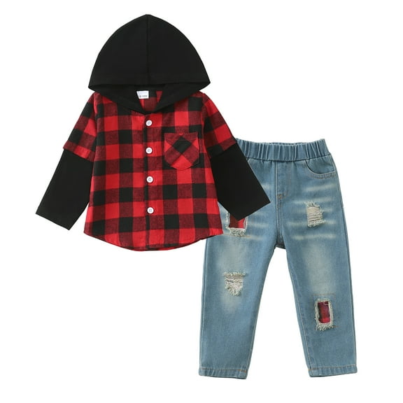 12 Months Baby Boys Clothes 18 Months Boys Fall Winter Pant Set Toddler Boys Long Sleeve Hooded Plaid Top Jeans Pants 2PCS Outfits Set Red