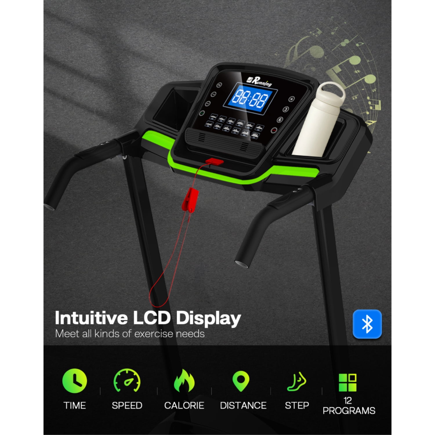 3.5HP Foldable Treadmill with Incline, 330LB Capacity, Handrail Speed Control, 12 Programs, LED Display, Pulse Monitor, Space-Saving Design with Cup & Pad Holders