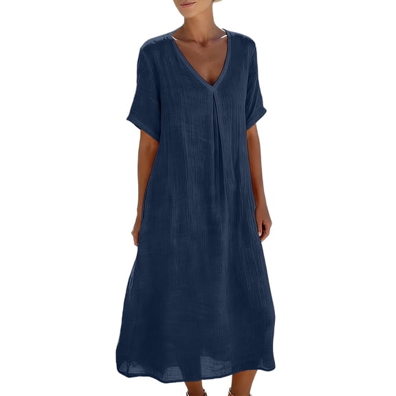 Husipze Dresses for Women Cotton Linen Short Sleeve Midi Dress Casual Loose V Neck A Line Sundresses for Summer Beach Navy M