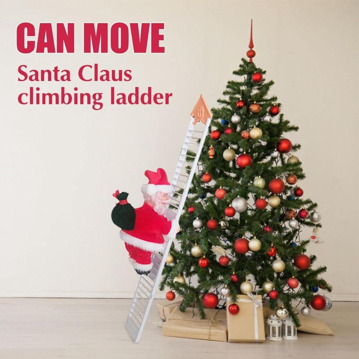 Christmas Electric Climbing Santa with Music & LED Light, Electric Climbing Ladder Santa Claus Doll for Xmas Tree Decorations Hanging Christmas Ornaments Tree Decor Holiday Party Gift