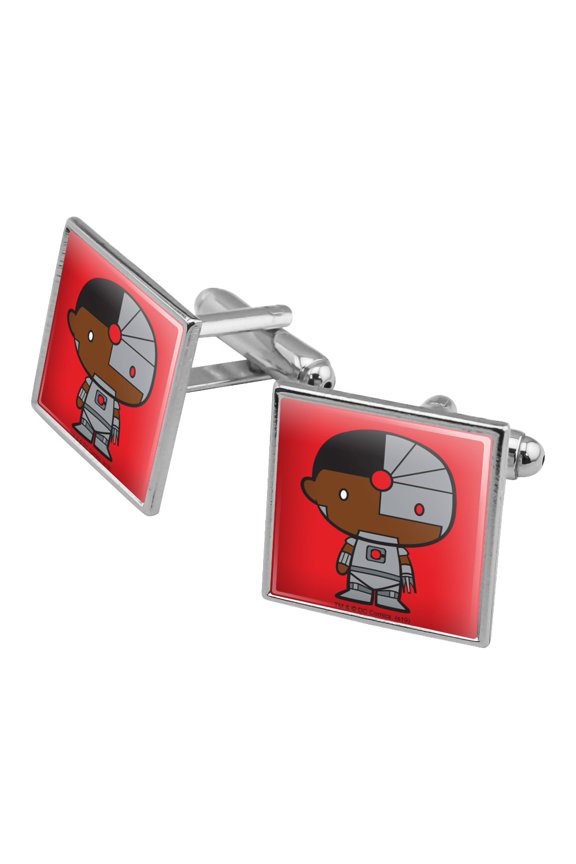 Justice League Cyborg Cute Chibi Character Square Cufflink Set - Silver or Gold