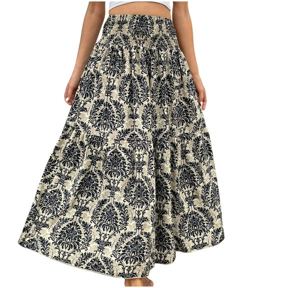 HomeGardon Maxi Skirts for Women Long Skirts Summer Women's Fashion Casual High Waisted Fold Printing Skirt,S-XXL