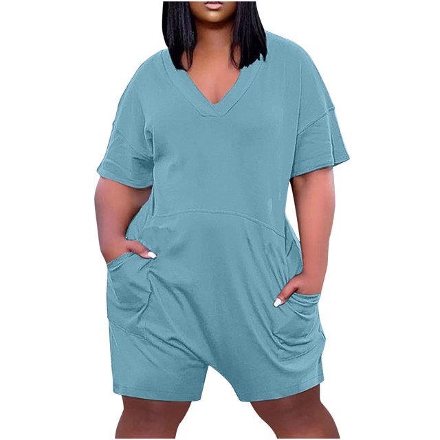 Yanlir Combinaison Décontractée Surdimensionnée à Fermeture Éclair pour Femmes, Combishort Ample à Manches Courtes pour l'Été, Style Rue 1 Pce (Bleu Clair, 2TG)