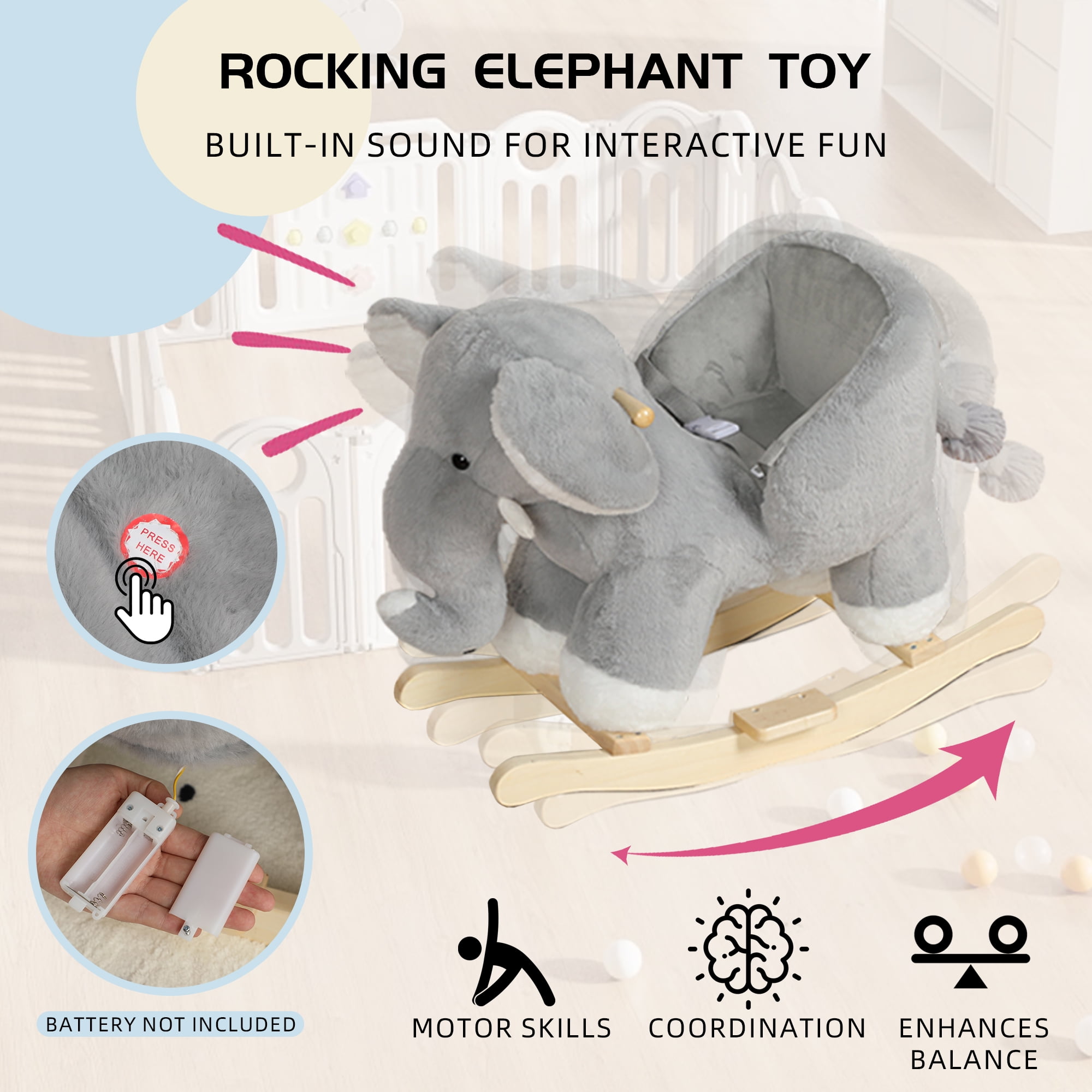 Peispie Kids Ride-On Grey Elephant Rocking Toy with Lullaby Song, Soft Plush Animal Rocker for Toddlers 3+ Years, Comfortable Ride-On Toy with High Weight Capacity, 110 LBS, Grey