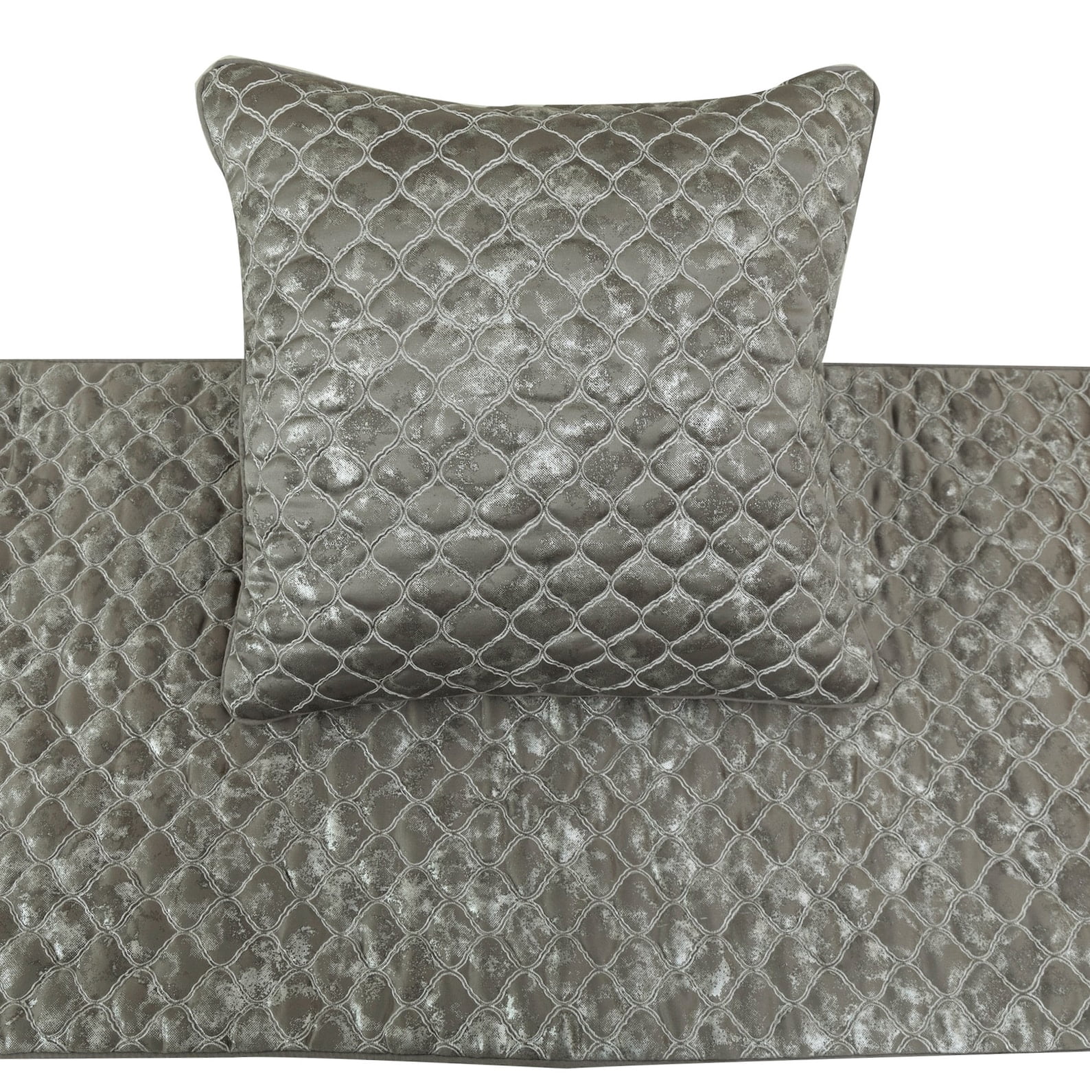 The HomeCentric King / Queen / Twin Grey & Silver Designer Twin 53"x18" Bed Runner WITHOUT Pillow Cover, Quilted, Foil & Trellis Bed Scarf on Silk fabric - Jumanah