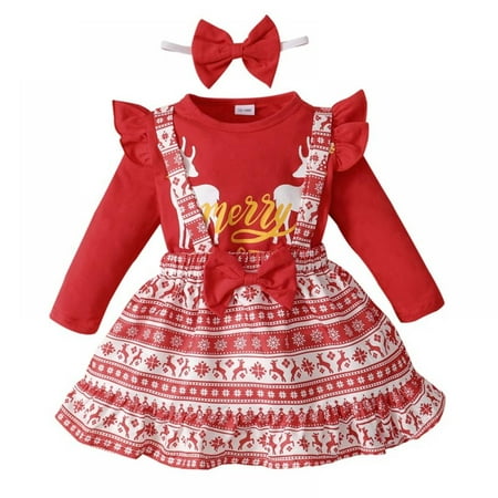 

Toddler Baby Girl Christmas Outfit Ruffle Long Sleeve Tops+Elk Suspender Skirt Overall Clothes Set Fall Winter Clothes