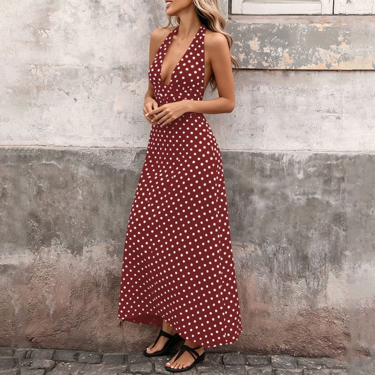halter maxi dresses for summer Zpzdpjkx Party Polka Dots Women Elegant Deep V-Neck Tie-Back Sleeveless Flowy A-Line Long Dress with Elastic Waist jacquard dress?