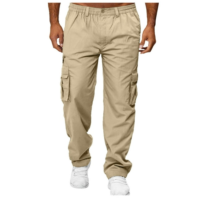 Men's Solid Color Pocket Loose Workwear Pants - Straight Leg Casual Trousers, Polyester Blend, Suitable for Work/Trendy Occasions