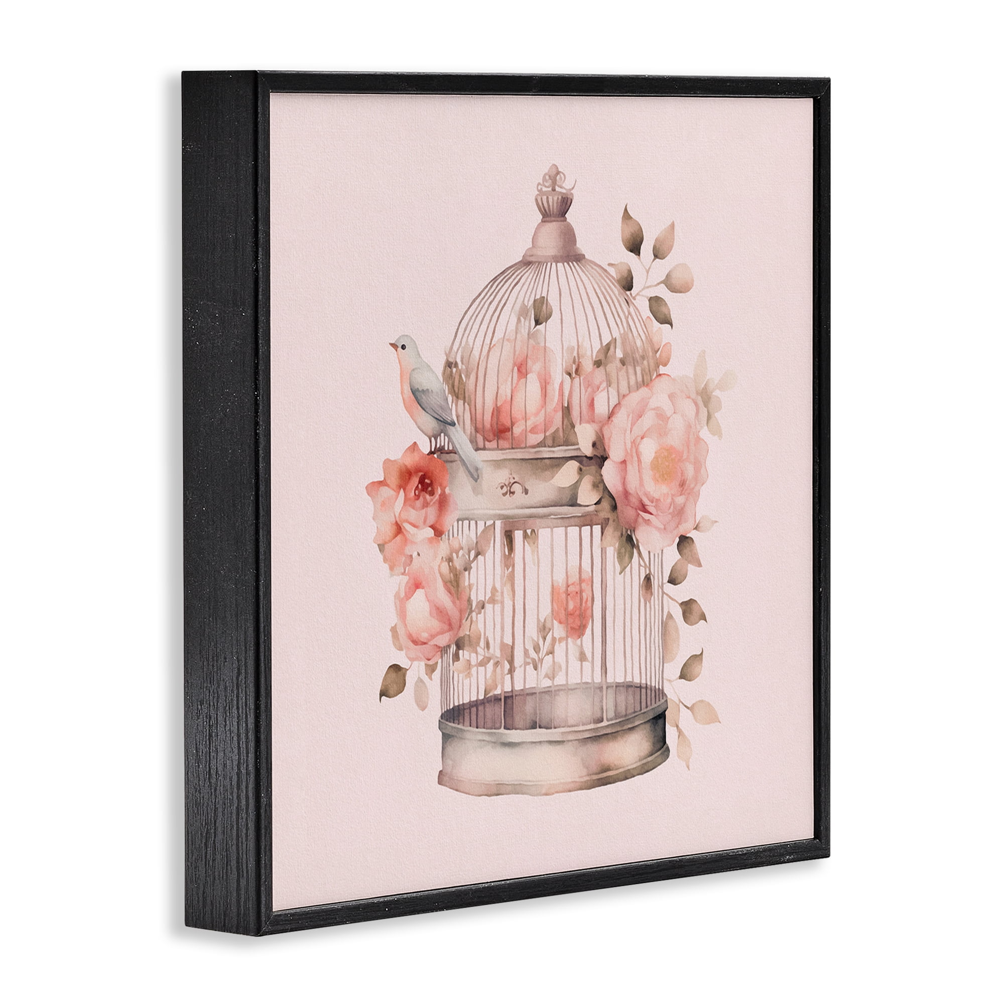 Stupell Industries Bird Cage with Rose Blooms Botanical & Floral Painting Black Framed Art Print Wall Art, 12 x 12