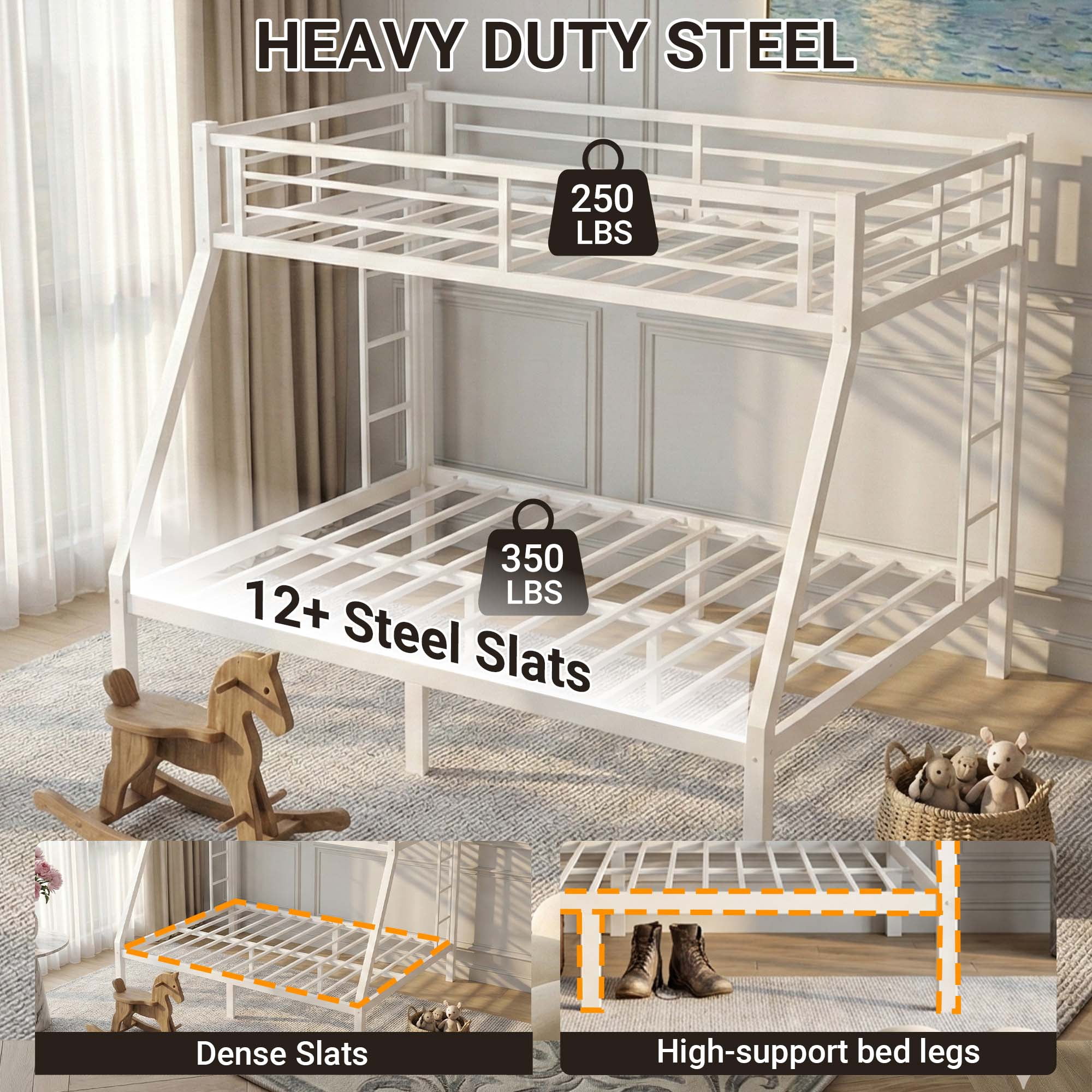 Miniyam Twin Over Full Metal Bunk Bed Frame with Ladder and Guardrails, White