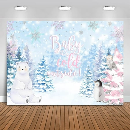 Image of Winter Wonderland Baby Shower Backdrop 7x5ft Vinyl Baby It s Cold Outside Party Decorations Winter Snow Polar Bear and Penguin Baby Shower Banner Photography Background