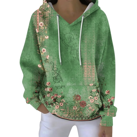 Women's Fall And Winter Printed Pullover Hooded Sweatshirt Long Sleeve Fashion Retro Floral Print Sweatshirt Drawstring Hoodie for Casual Outdoor Wear,Turquoise,3XL