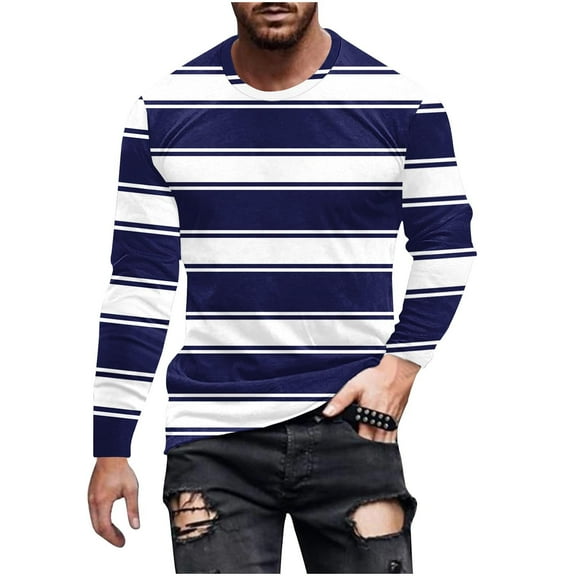 Mens Long Sleeve Shirts, Crewneck Sweatshirts for Men Fall Fashion Big & Tall Striped Printed Graphic Tees T-Shirts S-4XL