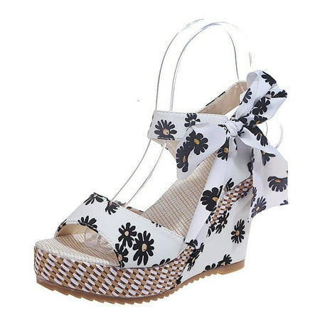 

YanHoo Bohemian Wedge Sandals for Women Fish Mouth Thick Platform Sandals Bandage Flower Print Dressy Summer Shoes