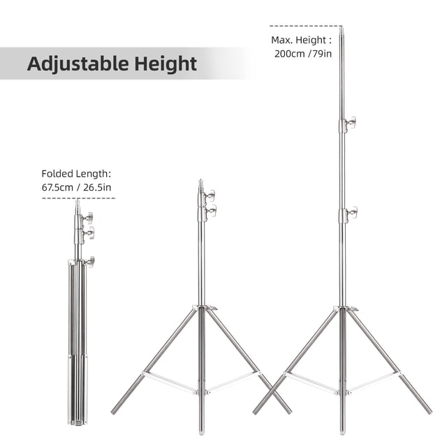 Support 2m/79 Po Trépied en Métal Réglable avec Vis 1/4 Po Acier Inoxydable 2 Sections Réglables Capacité de Charge 3kg/6.6lbs pour Studio Photo/ Lumière Vidéo Led/ Parapluie