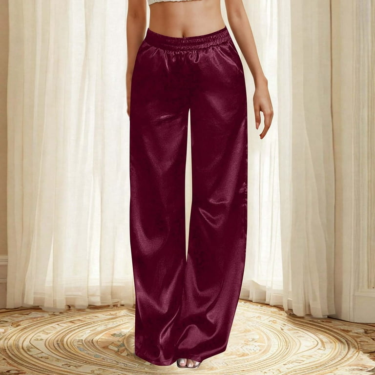 chinese dress ladies Women's Wide Leg Satin Silky Casual Dress Cocktail Party High Waist Pants  at Amazon Women's Clothing store main image 1
