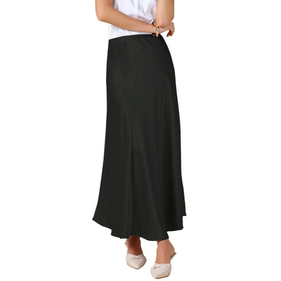 Women Satin Midi Skirt Elastic Waistband High Waisted Flowy Casual Elegant Silk Skirts 2025 S Black