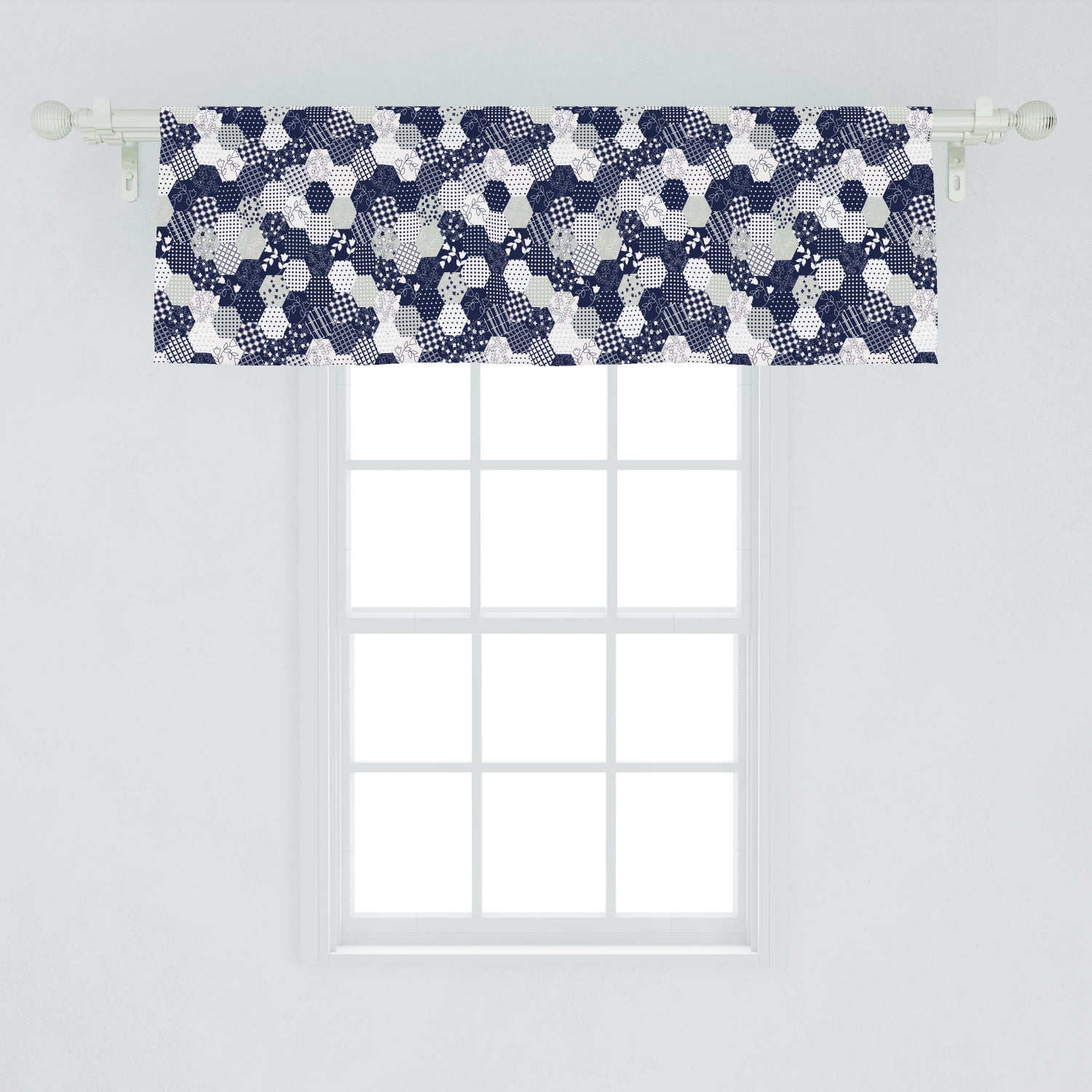 Navy Blue Window Valance, Octagon Patchwork Style Pattern Image with