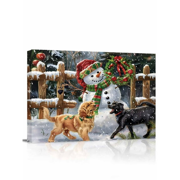 Christmas Xmas Canvas Print Wall Art Framed Canvas Art Wall Decor Wreath Snowman Cute Dog Winter Pictures Painting Morden Artwork for Living Room Bedroom, Ready to Hang - 12"x16"