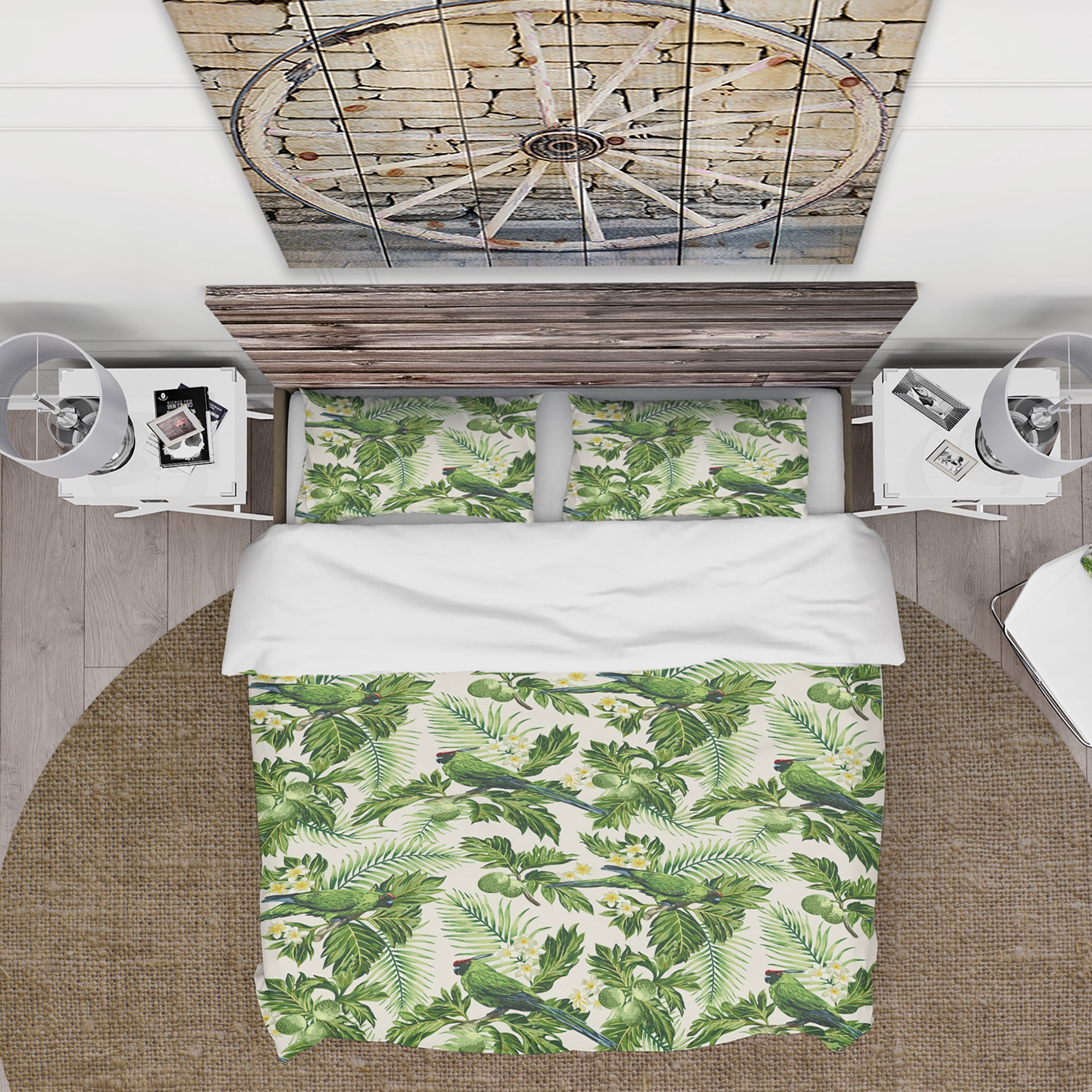 Designart 'Tropical Leaves, Green Bird and White Flowers' Animals Duvet Cover Set