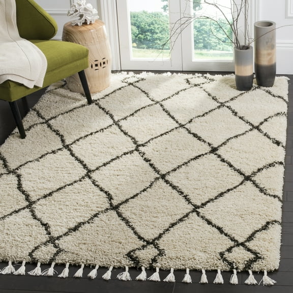 SAFAVIEH Moroccan Fringe Lavern Geometric Shag Area Rug, Cream/Charcoal, 8' x 10'