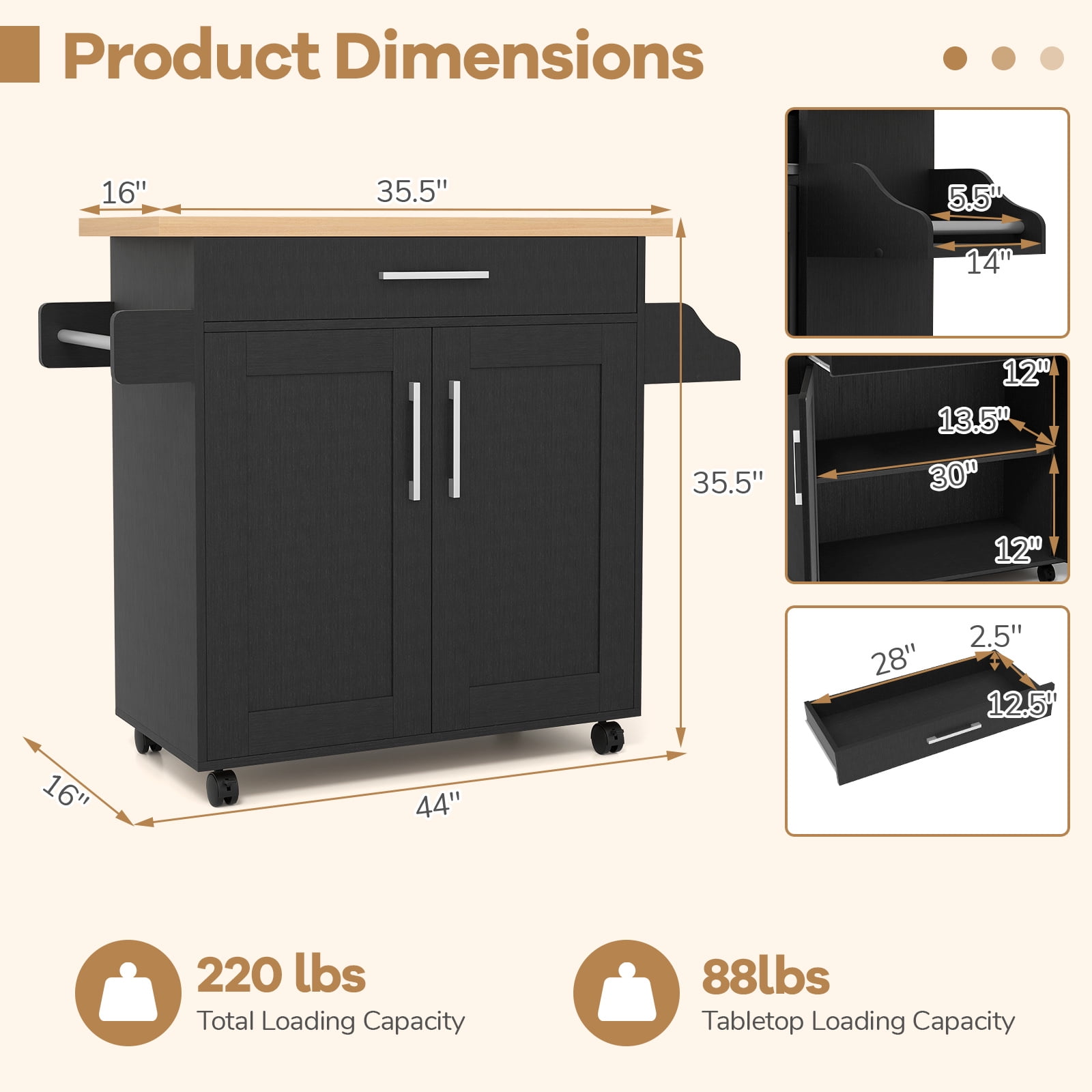 Giantex Kitchen Island Cart with Storage Cabinet on Wheels, Spice Rack Towel Rack & Drawer, Black