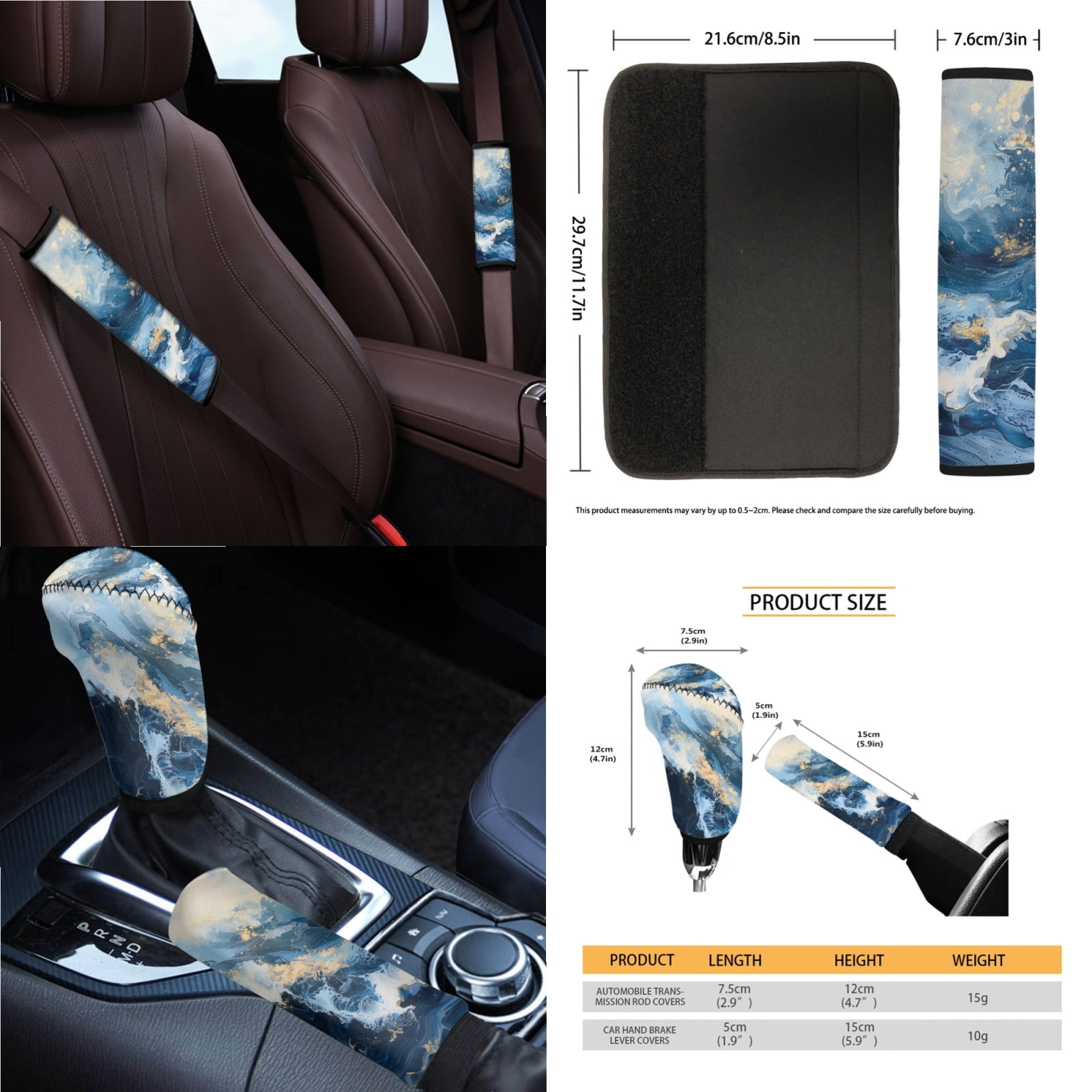 Yuyamidu 14 Piece Blue Marble Print Car Seat Cover Set with Steering Wheel Cover Seat Belt Strap Cover Garbage Bin Armrest Cover Rearview Mirror Cover Coaster Gear Shift Knob Cover Set Fit SUV Sedan