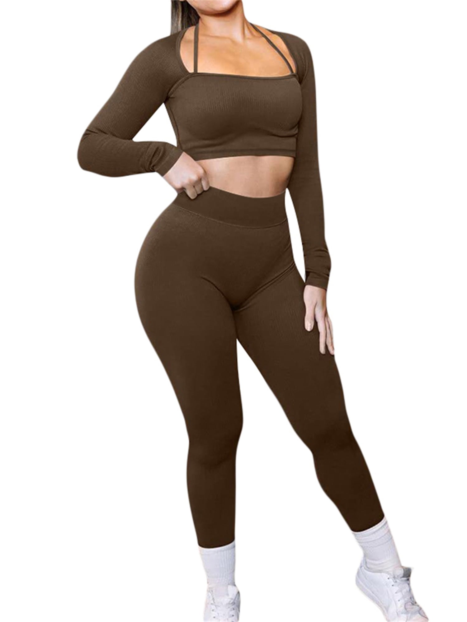  Two Piece Workout Sets for Women - conjunto deportivo para mujer  Long Sleeve Tops Bodycon High Waist Long Pant Leggings 2 Piece Sport  Outfits Yoga Gym Clothes Active Tracksuits Sets Khaki