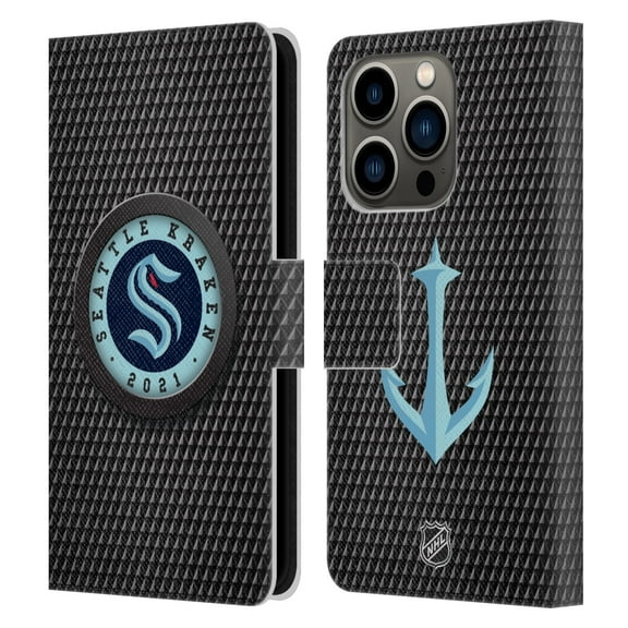 Head Case Designs Officially Licensed NHL Seattle Kraken Puck Texture Leather Book Wallet Case Cover Compatible with Apple iPhone 14 Pro