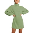 thumbnail image 2 of Vestidos de suéter Cuello alto Mangas largas de linterna Jersey Vestido suelto informal para mujer Verde guisante M, 2 of 6
