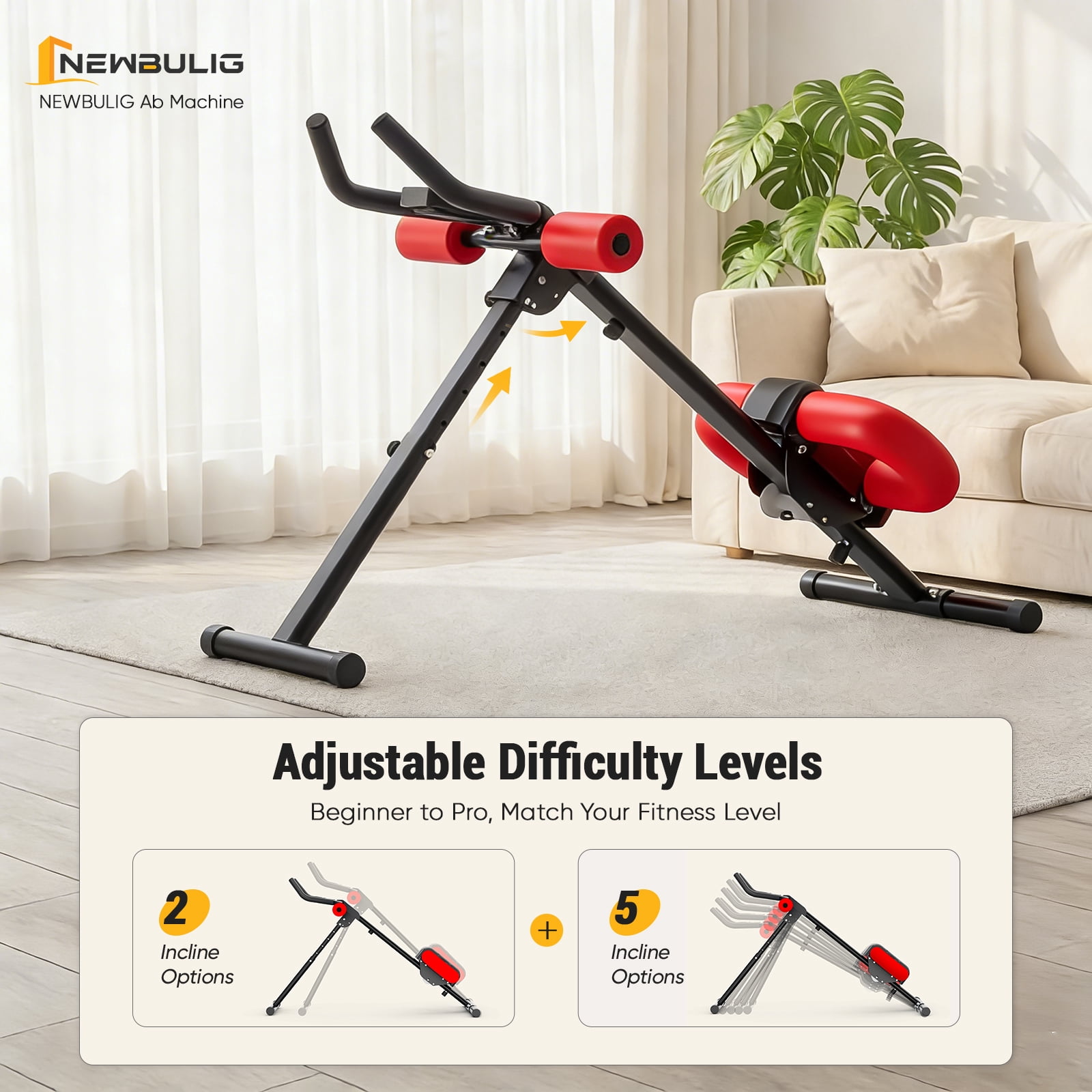 EDX Ab Machine for Home Gym, Adjustable Ab Workout Equipment with LCD Display, Foldable Core Trainer, 440 lbs Capacity, Red